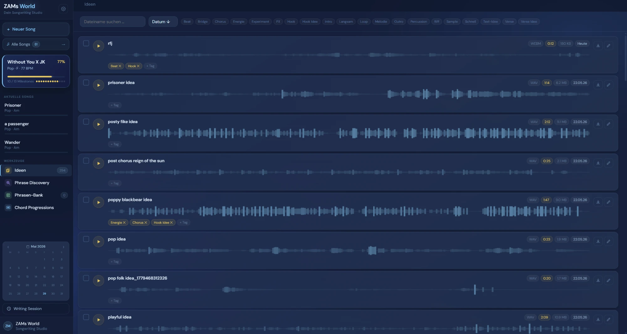 Ideen-Inbox mit Waveforms